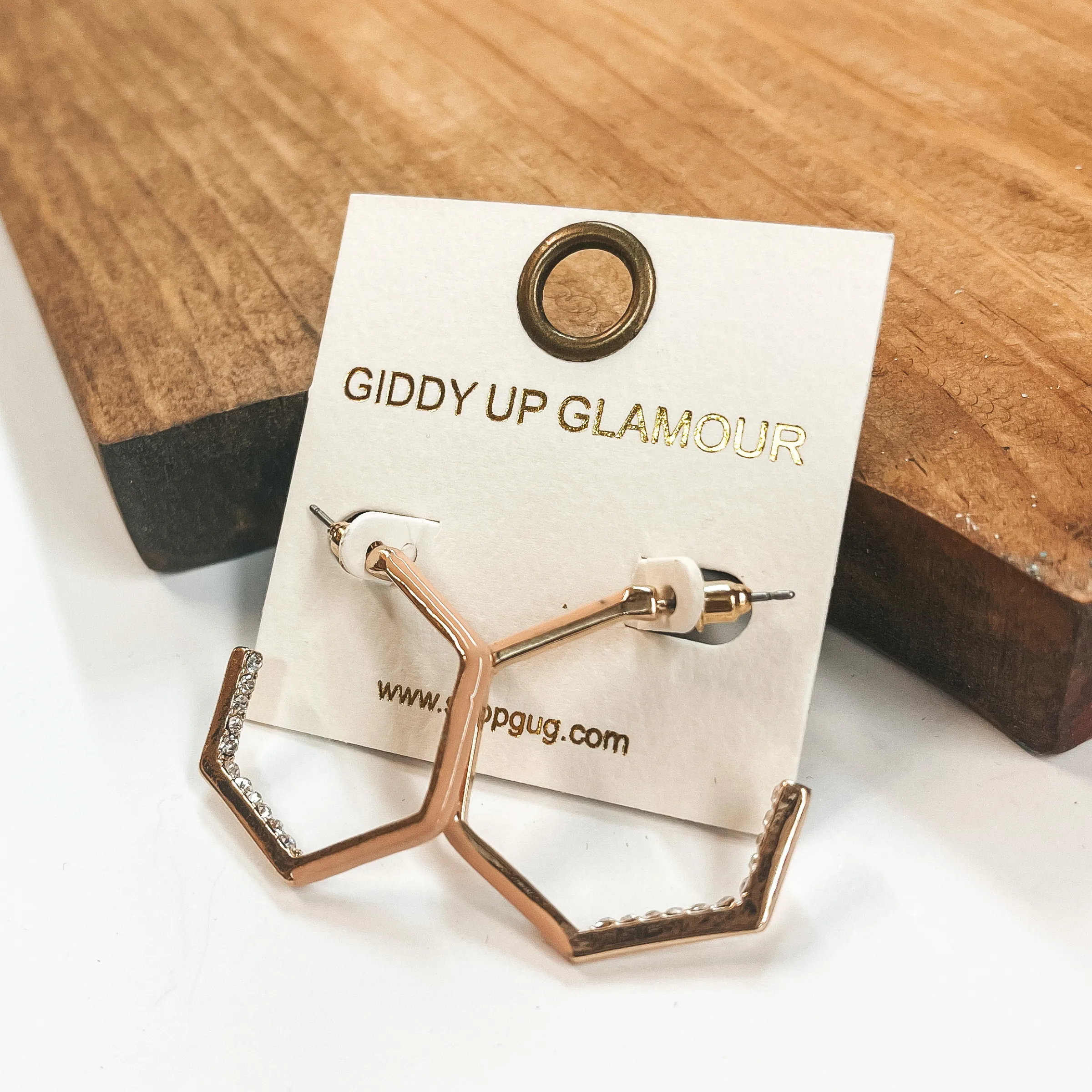 Hexagon Hoops with Crystals in Light Pink