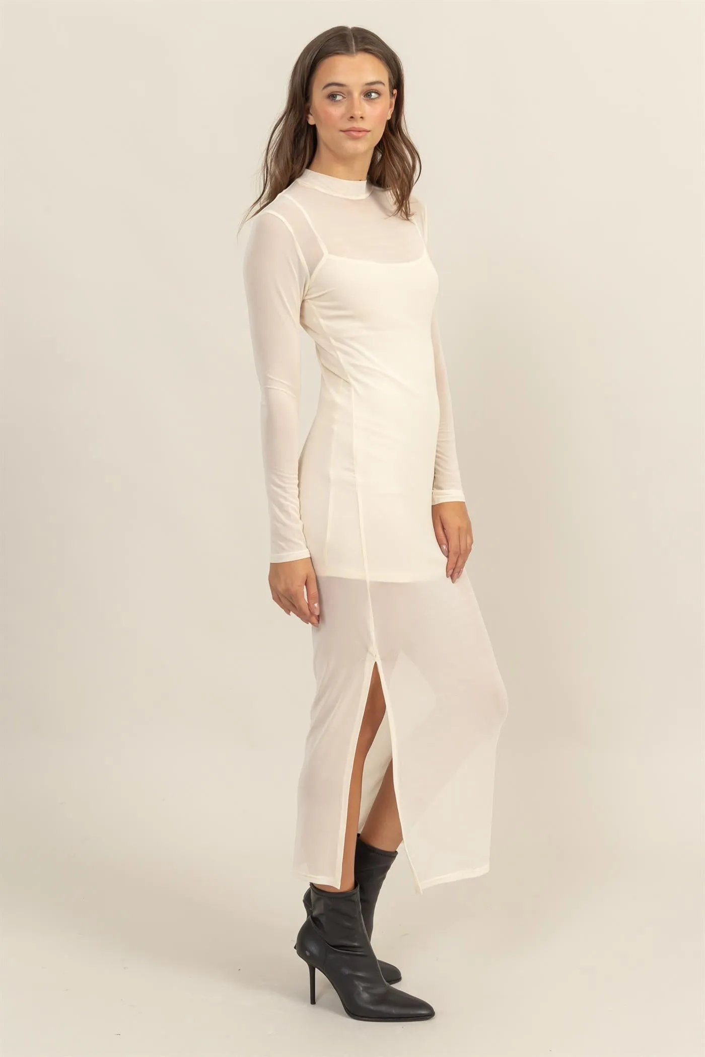 HF25A682-SHEER OVERLAY SLIT MIDI DRESS
