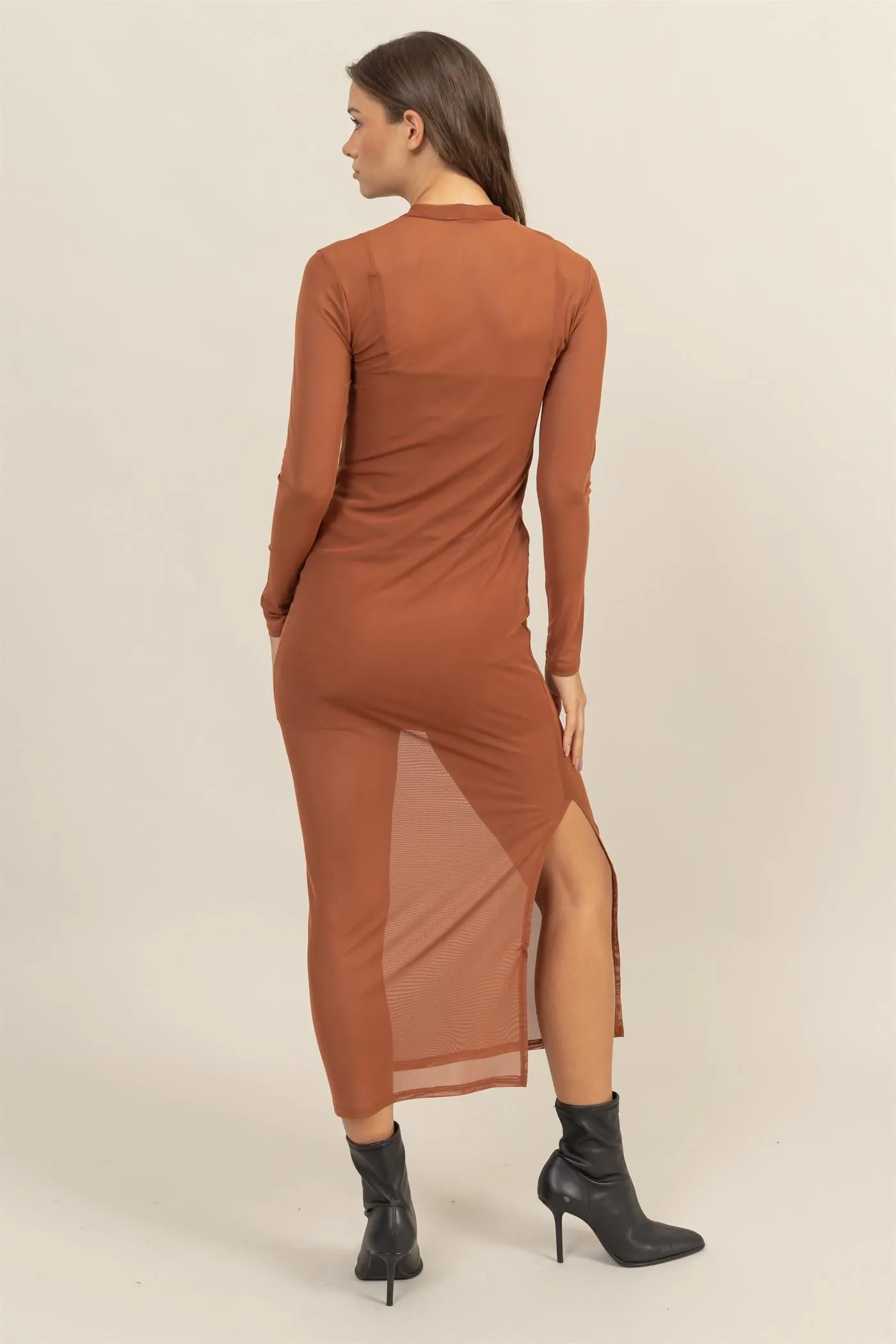 HF25A682-SHEER OVERLAY SLIT MIDI DRESS