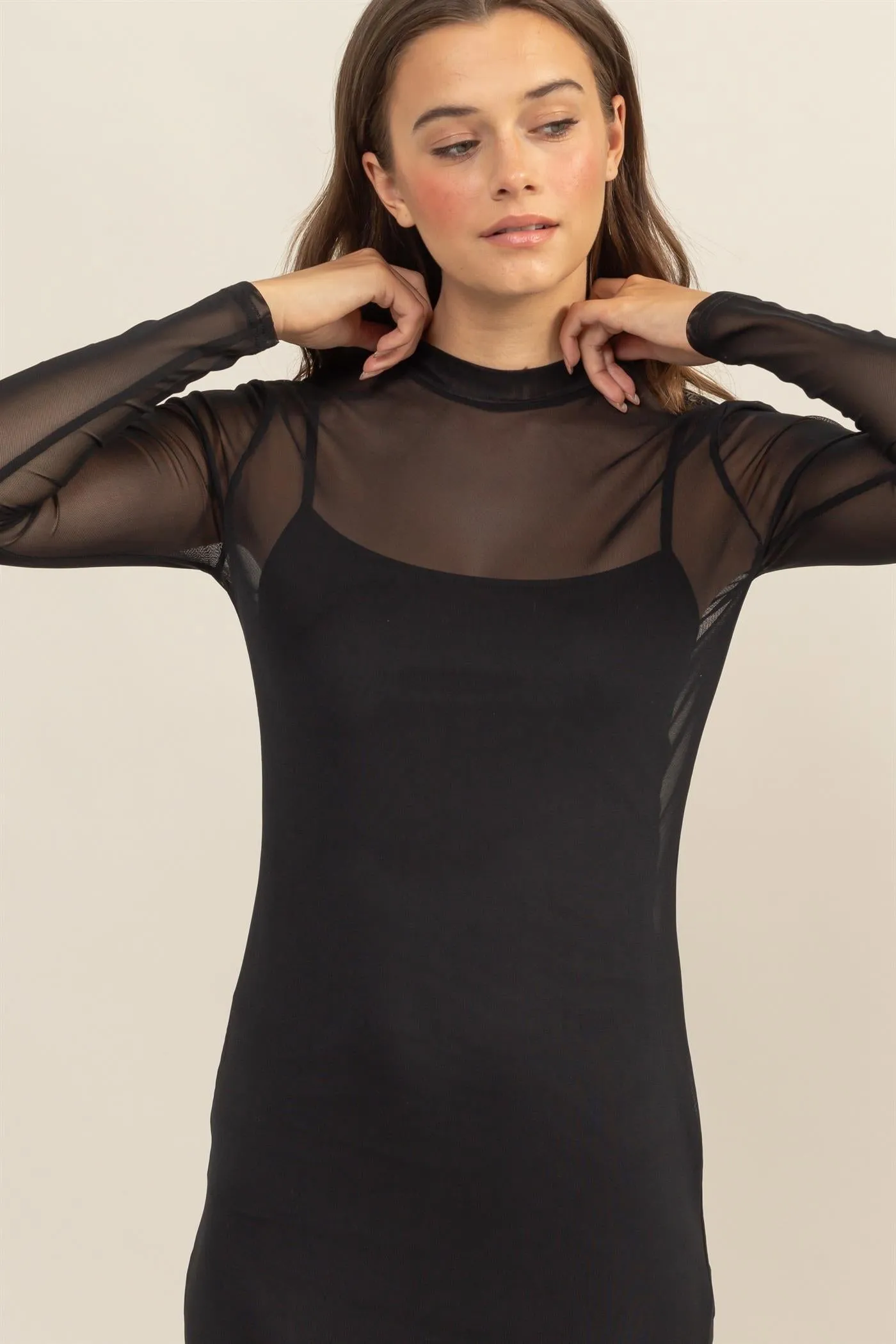 HF25A682-SHEER OVERLAY SLIT MIDI DRESS