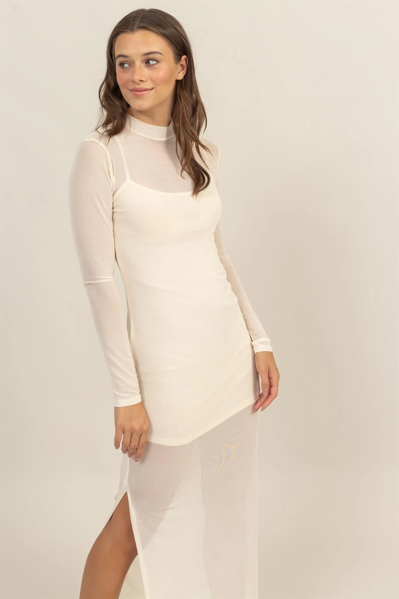 HF25A682-SHEER OVERLAY SLIT MIDI DRESS
