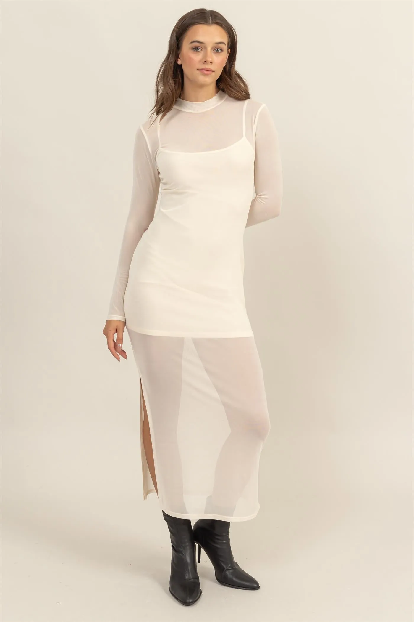 HF25A682-SHEER OVERLAY SLIT MIDI DRESS