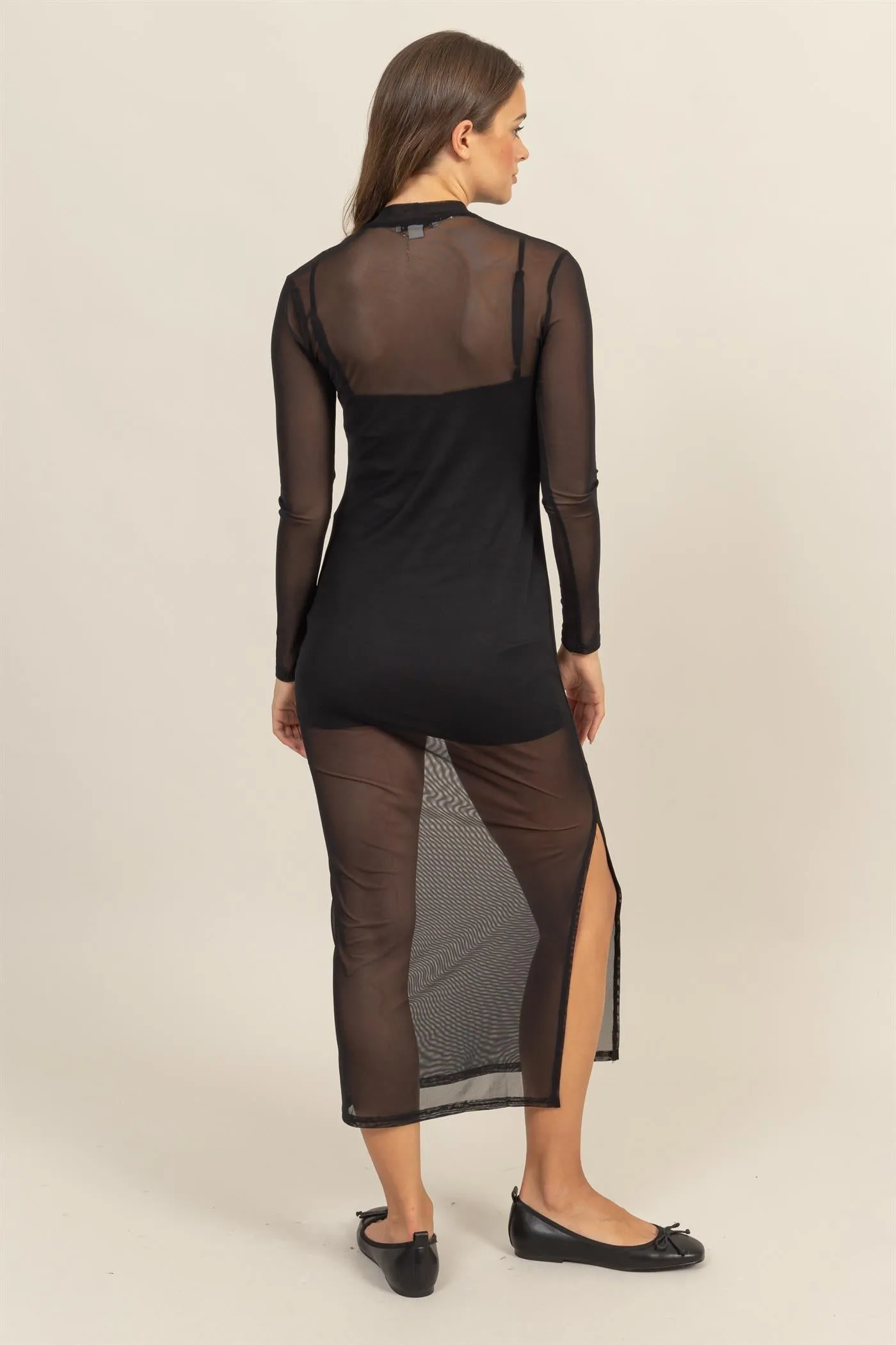 HF25A682-SHEER OVERLAY SLIT MIDI DRESS
