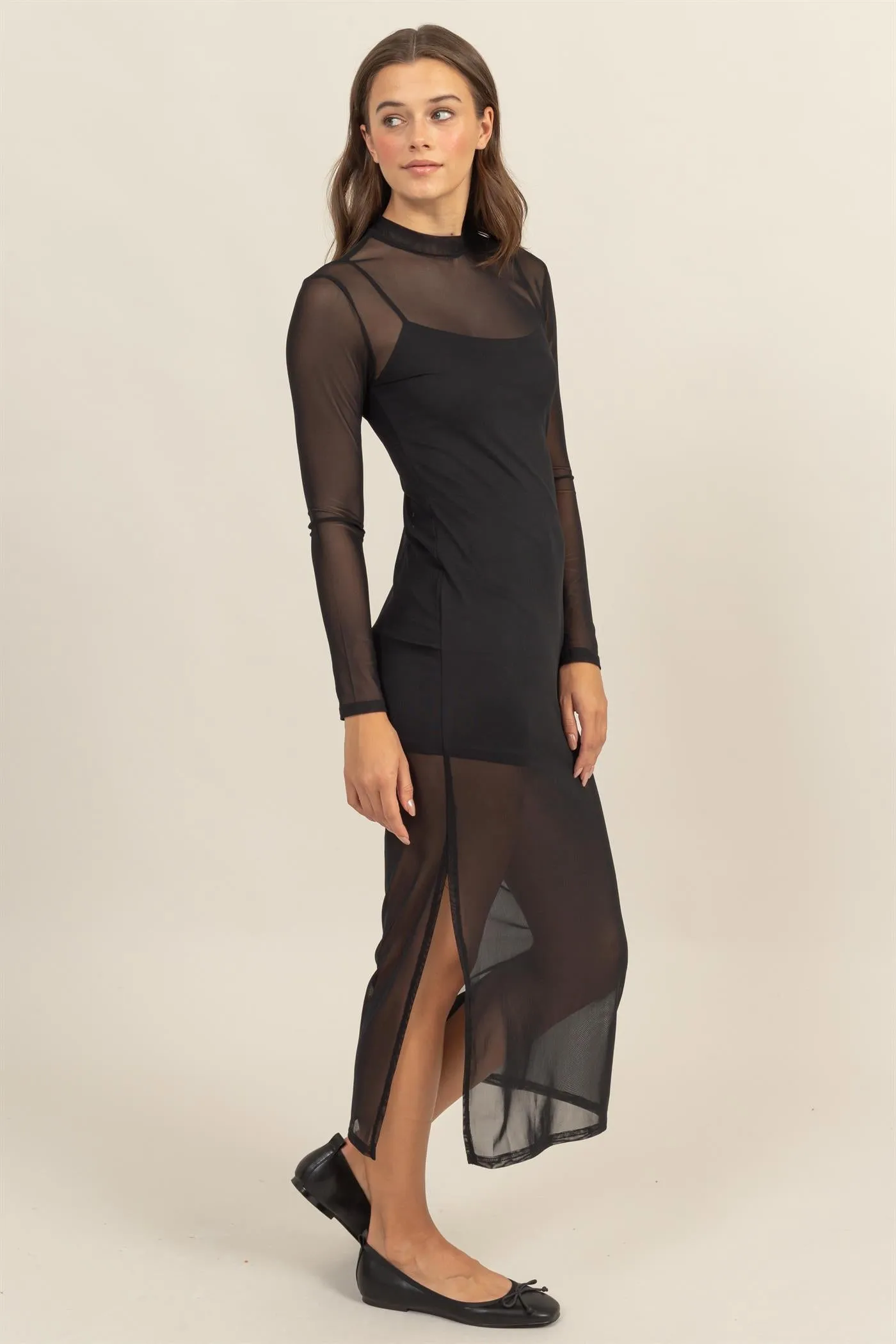HF25A682-SHEER OVERLAY SLIT MIDI DRESS