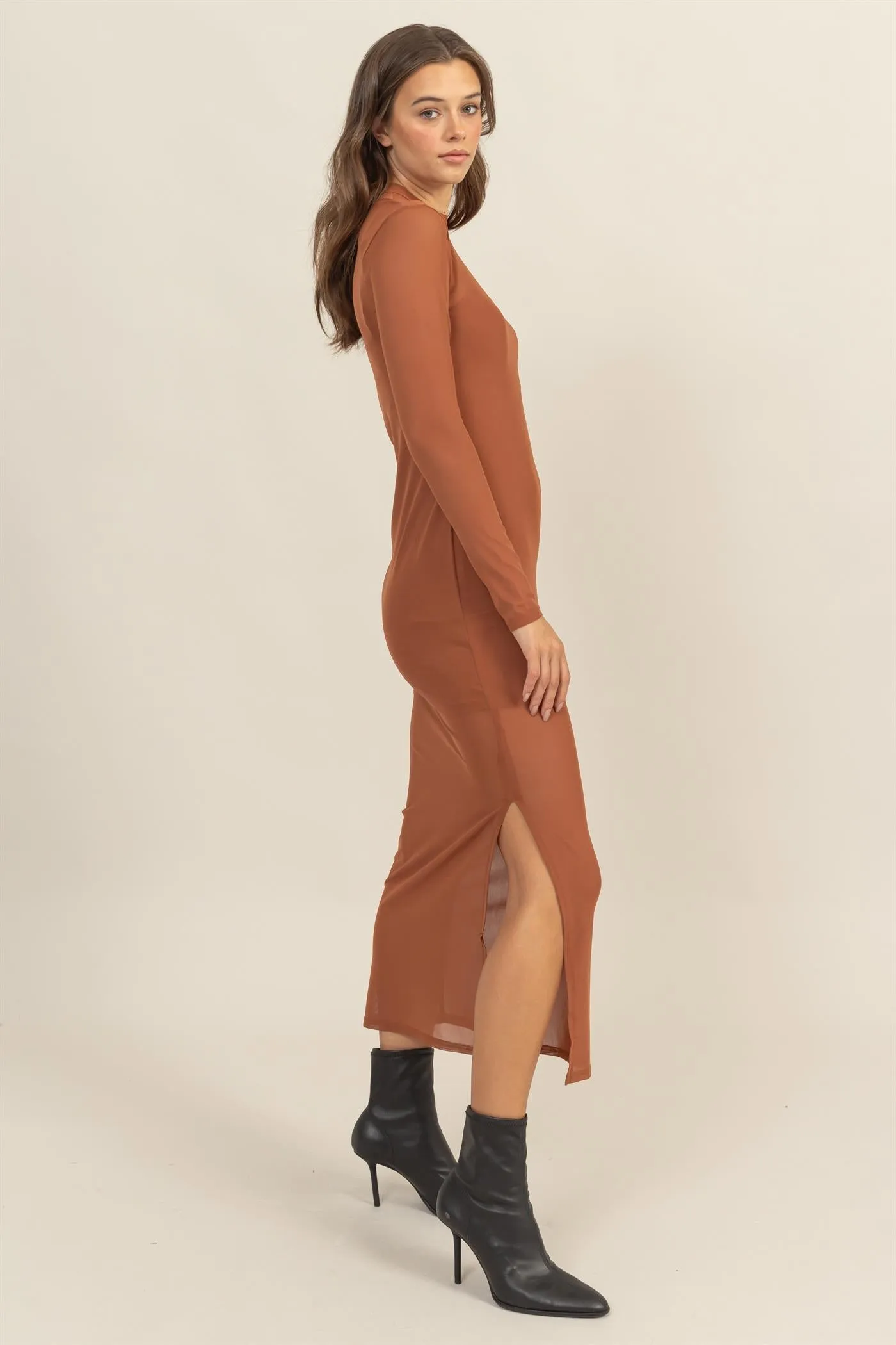 HF25A682-SHEER OVERLAY SLIT MIDI DRESS