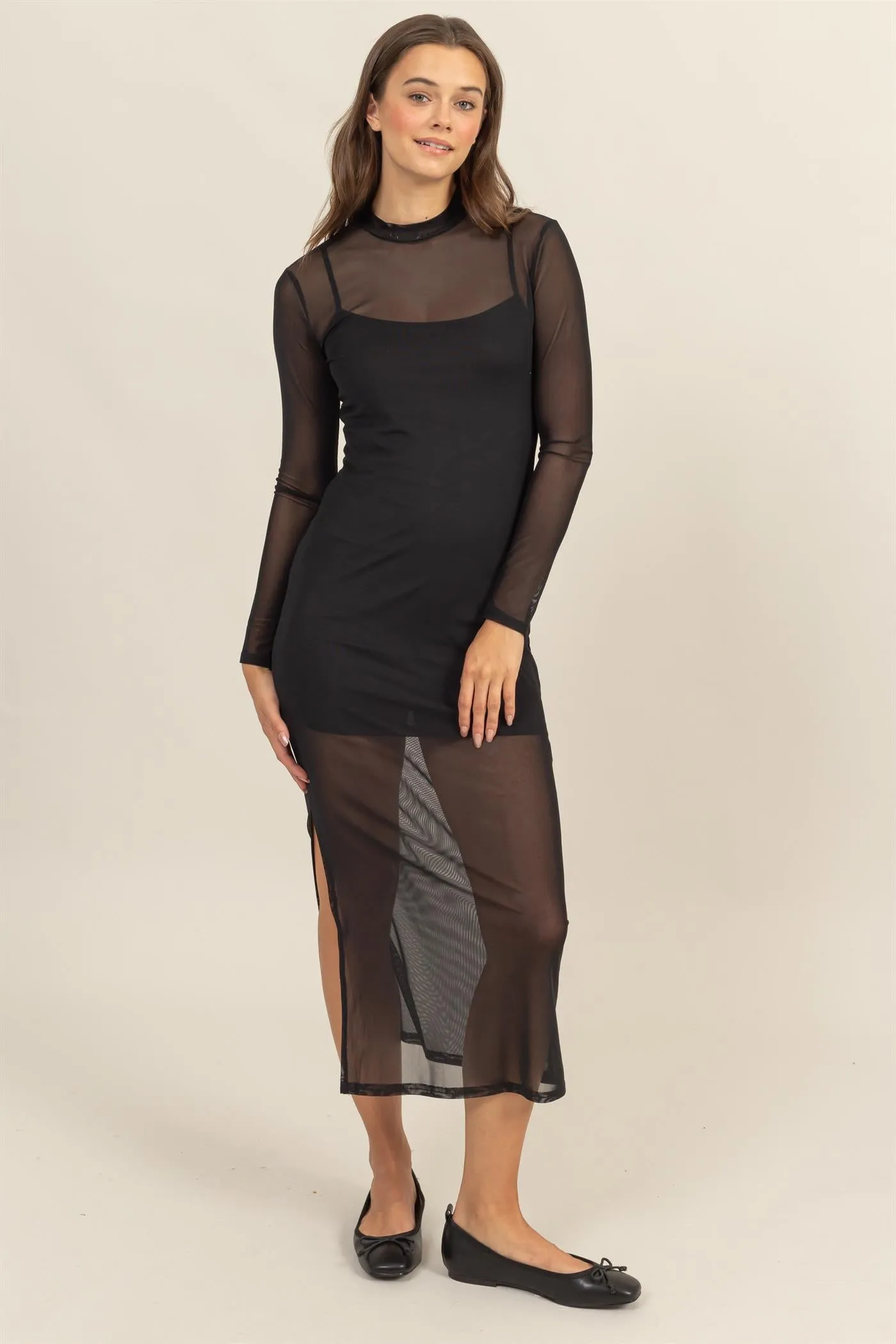 HF25A682-SHEER OVERLAY SLIT MIDI DRESS