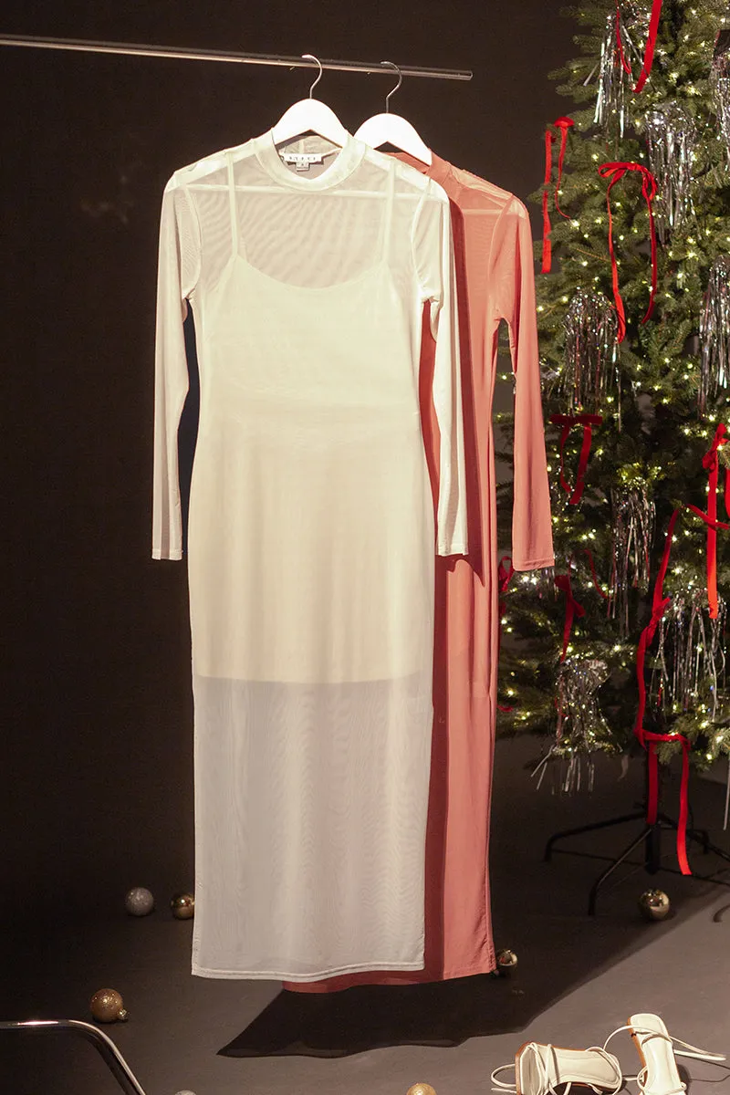 HF25A682-SHEER OVERLAY SLIT MIDI DRESS