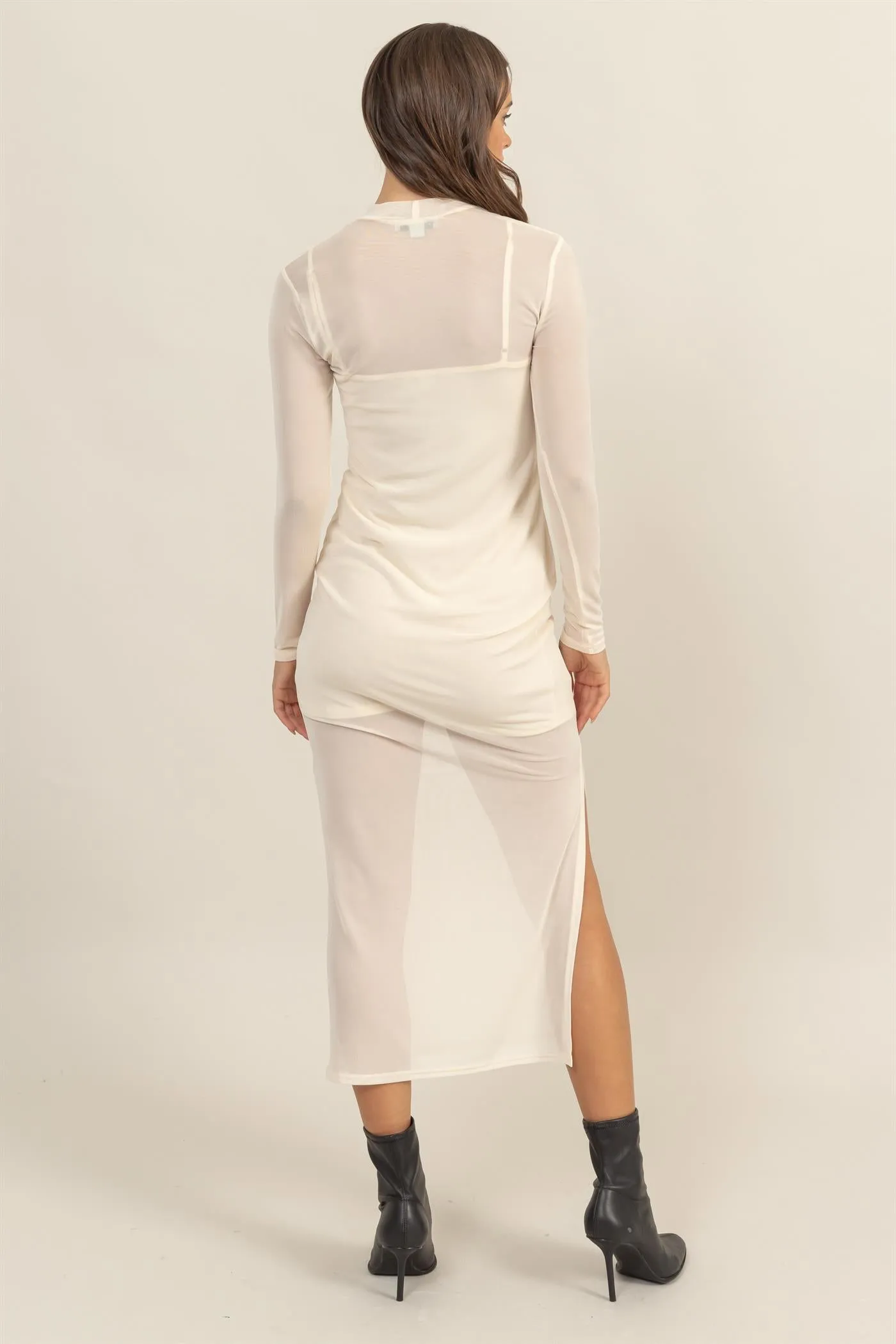 HF25A682-SHEER OVERLAY SLIT MIDI DRESS