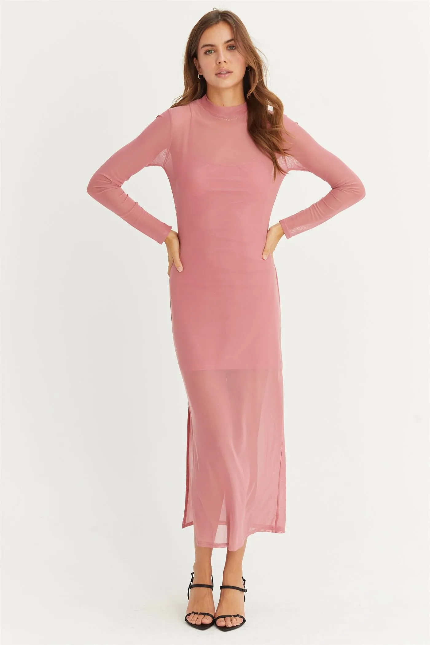 HF25A682-SHEER OVERLAY SLIT MIDI DRESS
