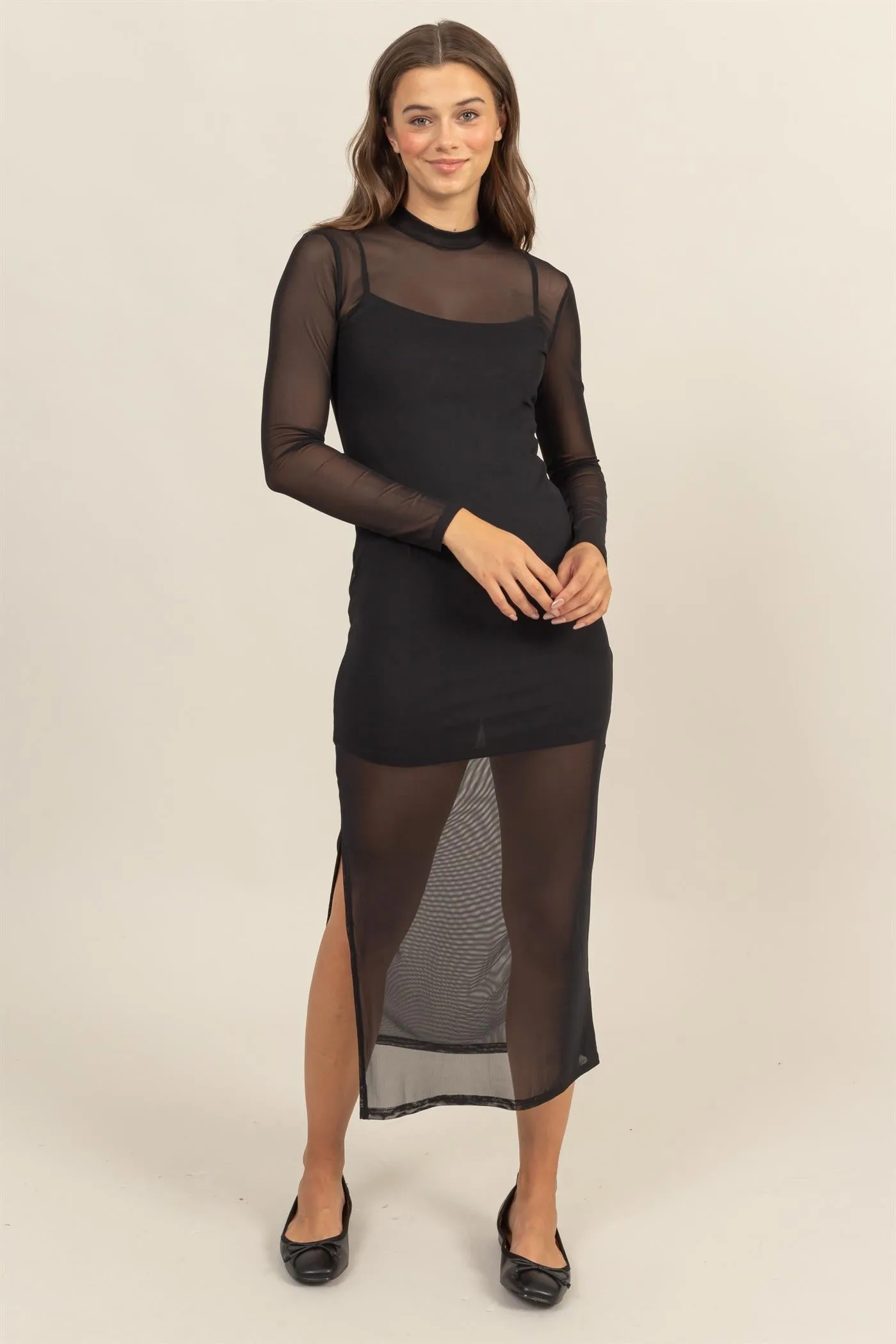 HF25A682-SHEER OVERLAY SLIT MIDI DRESS