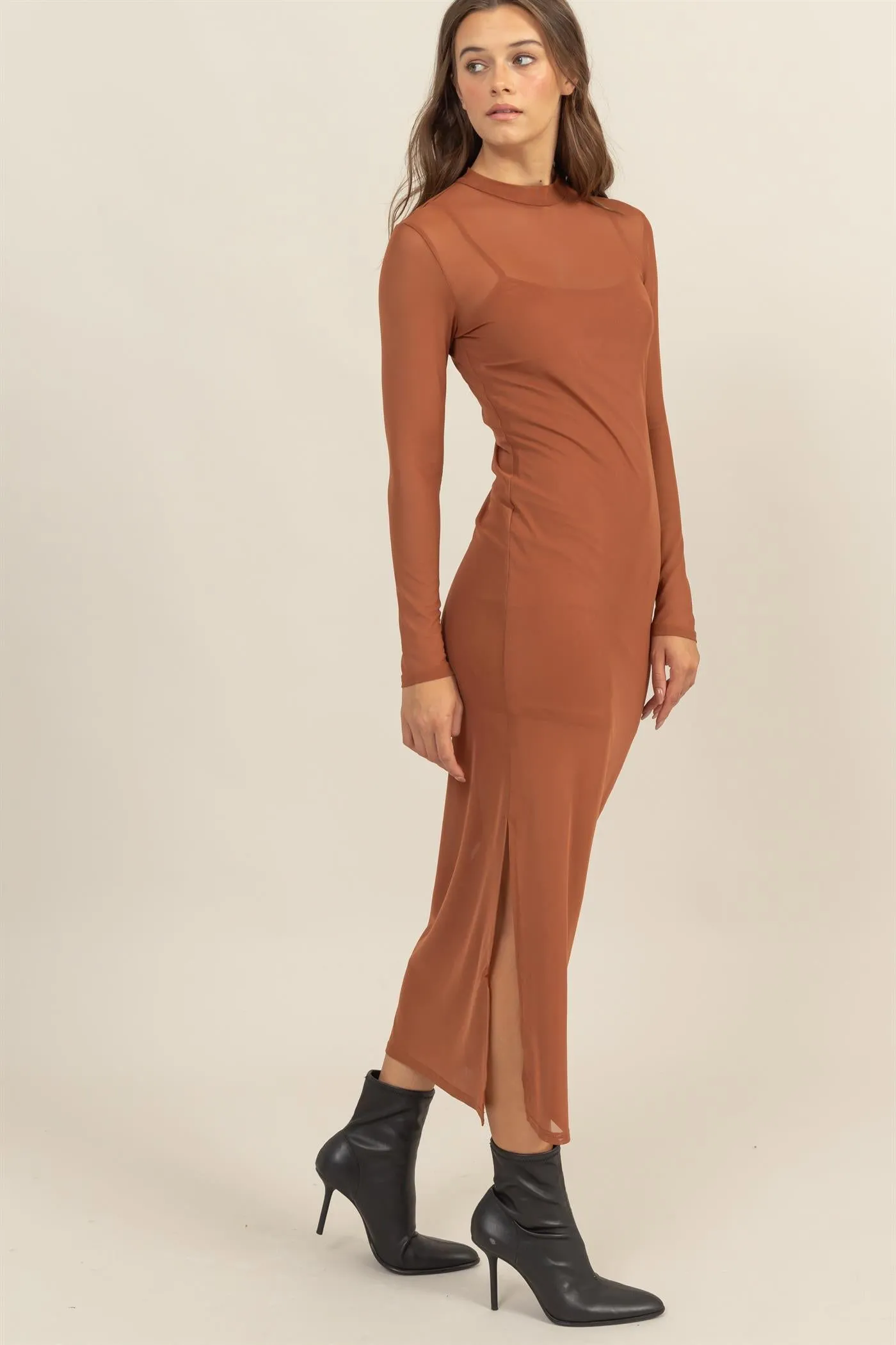 HF25A682-SHEER OVERLAY SLIT MIDI DRESS