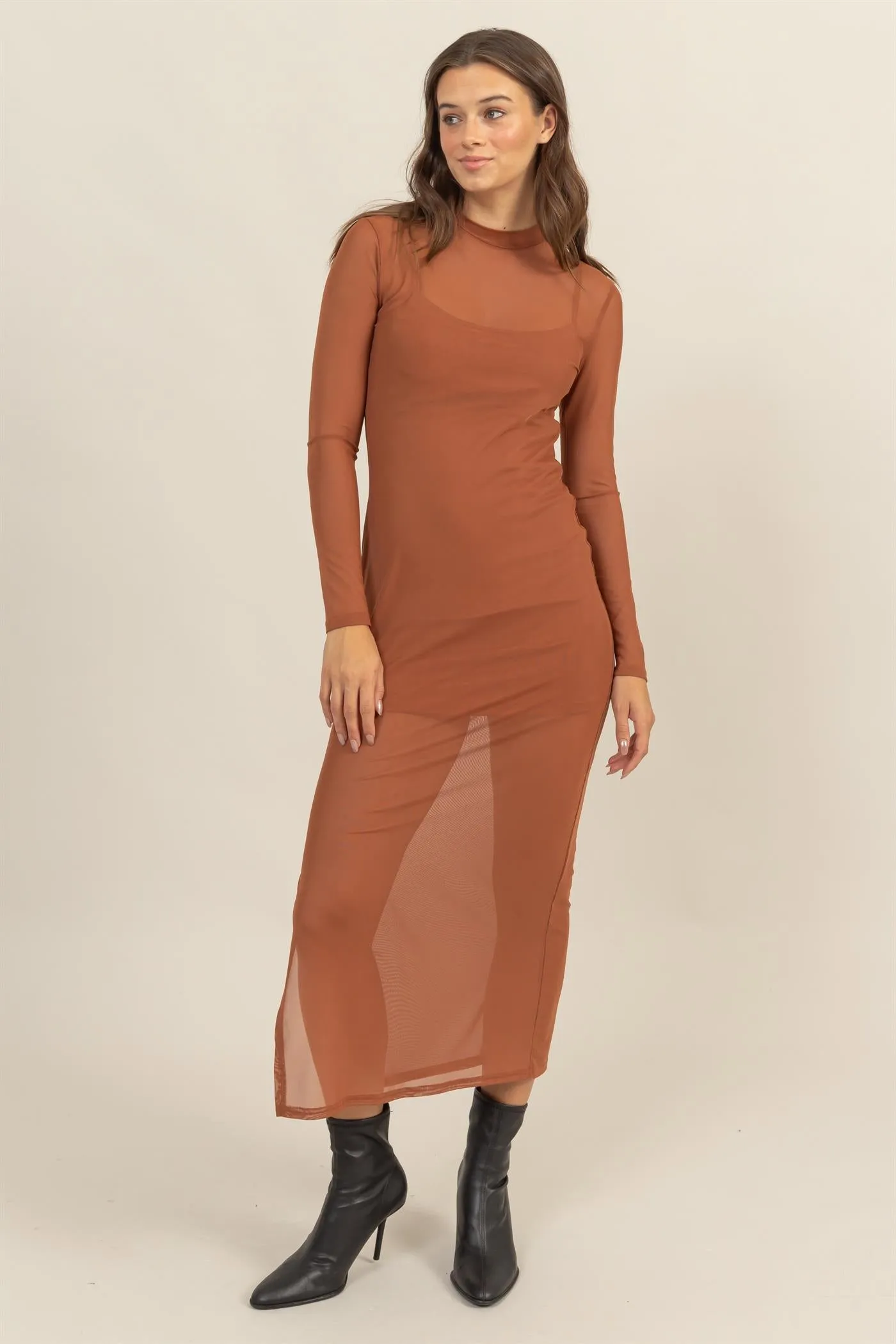 HF25A682-SHEER OVERLAY SLIT MIDI DRESS