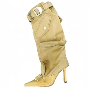 High Heel Pointed Toe Knee Boots with Buckles and Zip Pouch