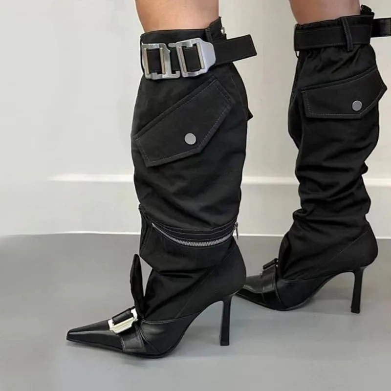 High Heel Pointed Toe Knee Boots with Buckles and Zip Pouch