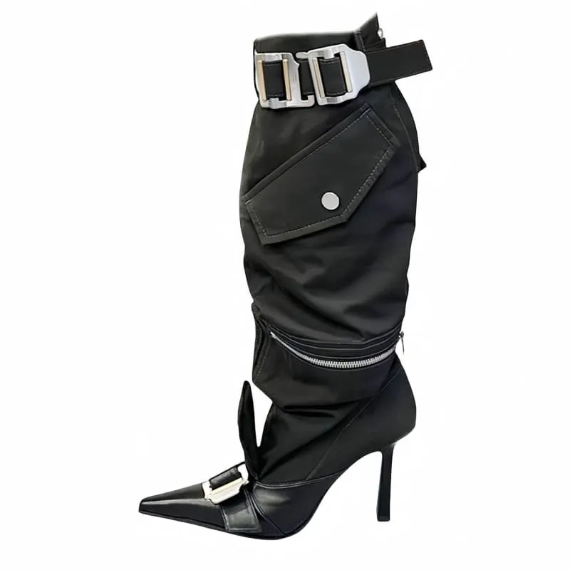 High Heel Pointed Toe Knee Boots with Buckles and Zip Pouch