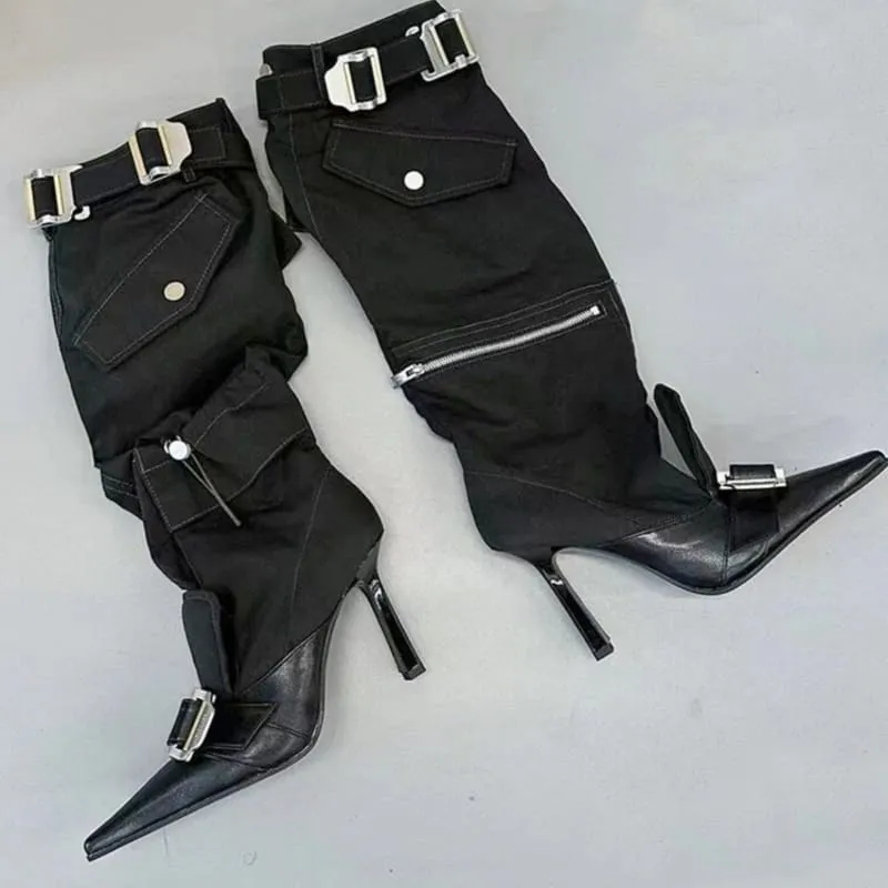 High Heel Pointed Toe Knee Boots with Buckles and Zip Pouch