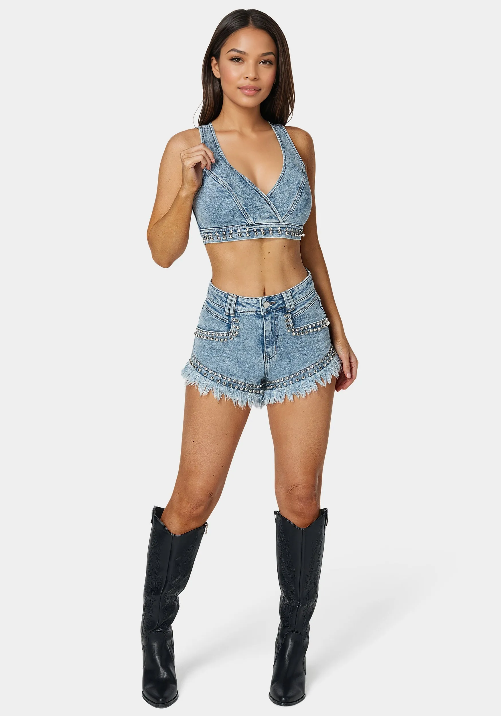 High Waist Studded Denim Short