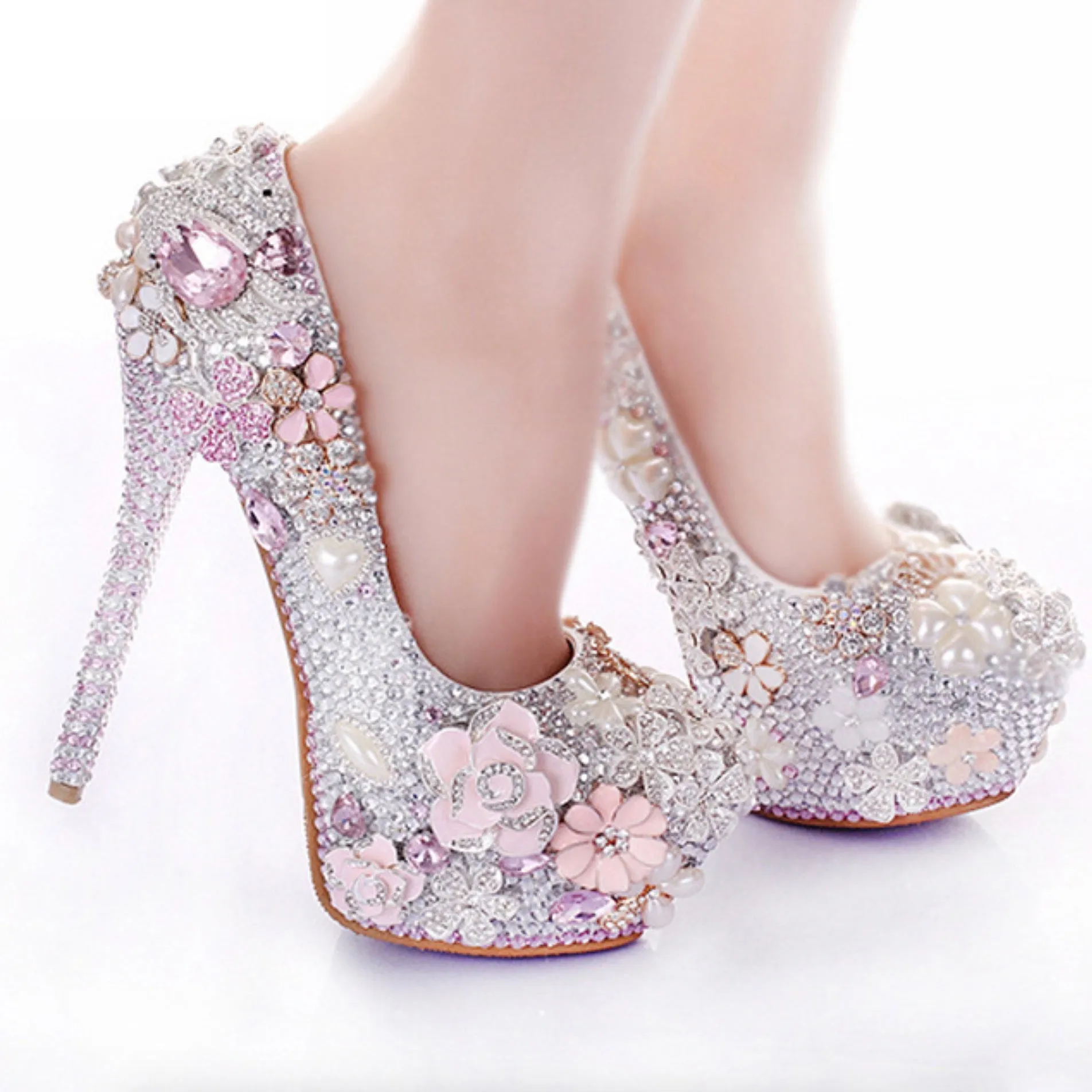 Light Pink Pearl Luxury Diamond 14cm High Heel Wedding Shoes-Sold Out