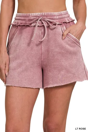 Light Rose Acid Wash Fleece Drawstring Shorts