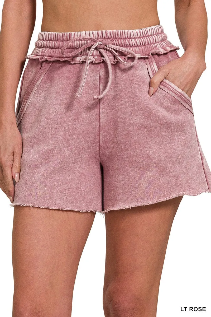 Light Rose Acid Wash Fleece Drawstring Shorts