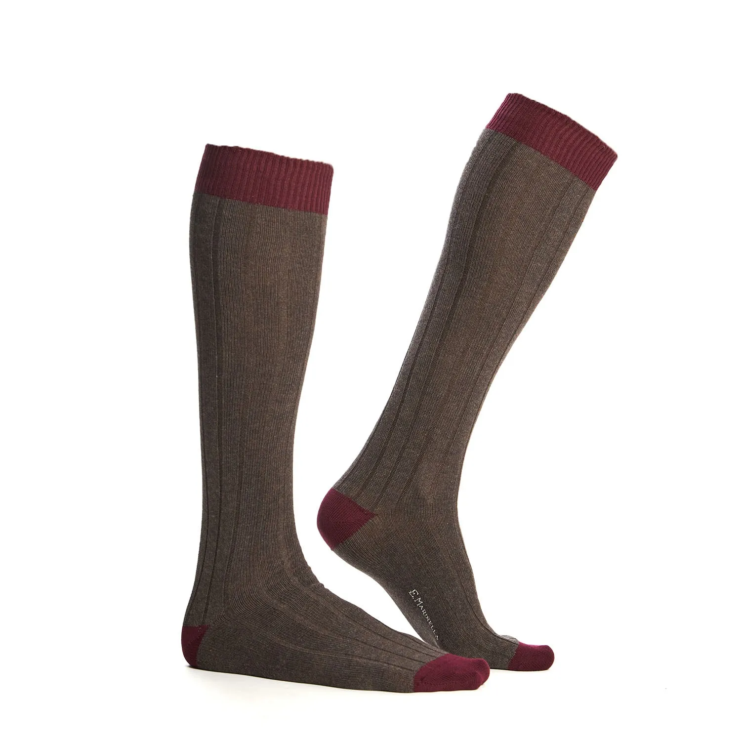 LONG BICOLOR BROWN AND BURGUNDY COTTON SOCKS