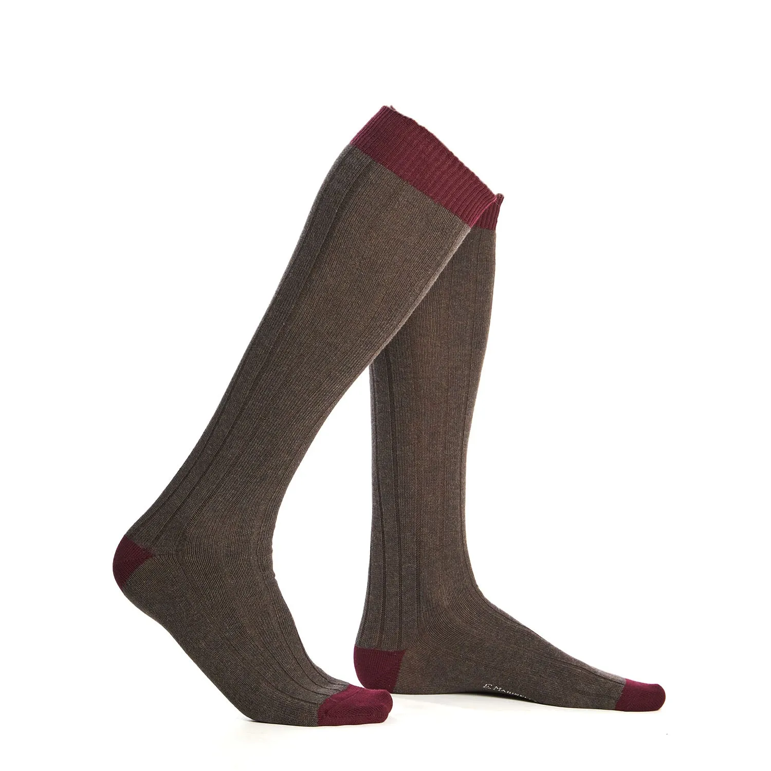 LONG BICOLOR BROWN AND BURGUNDY COTTON SOCKS
