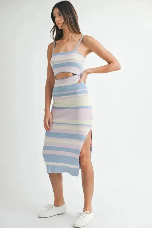 MABLE Multi Color Striped Front Cutout Knit Midi Dress