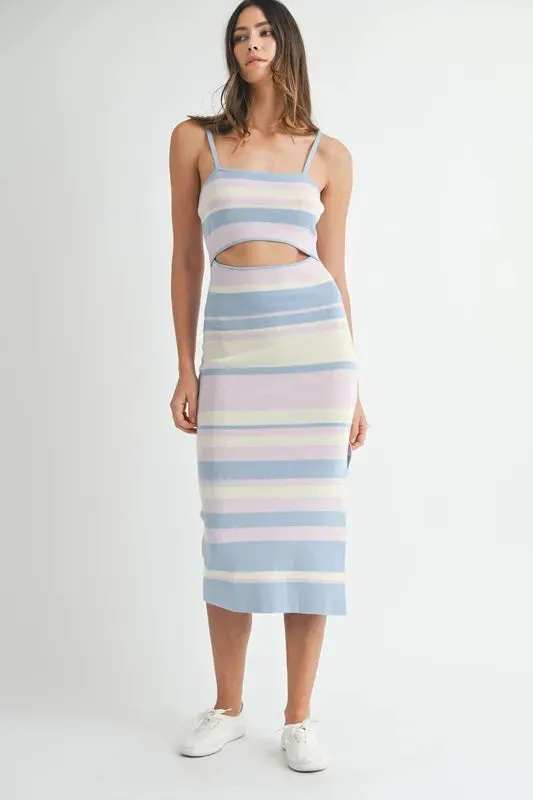 MABLE Multi Color Striped Front Cutout Knit Midi Dress