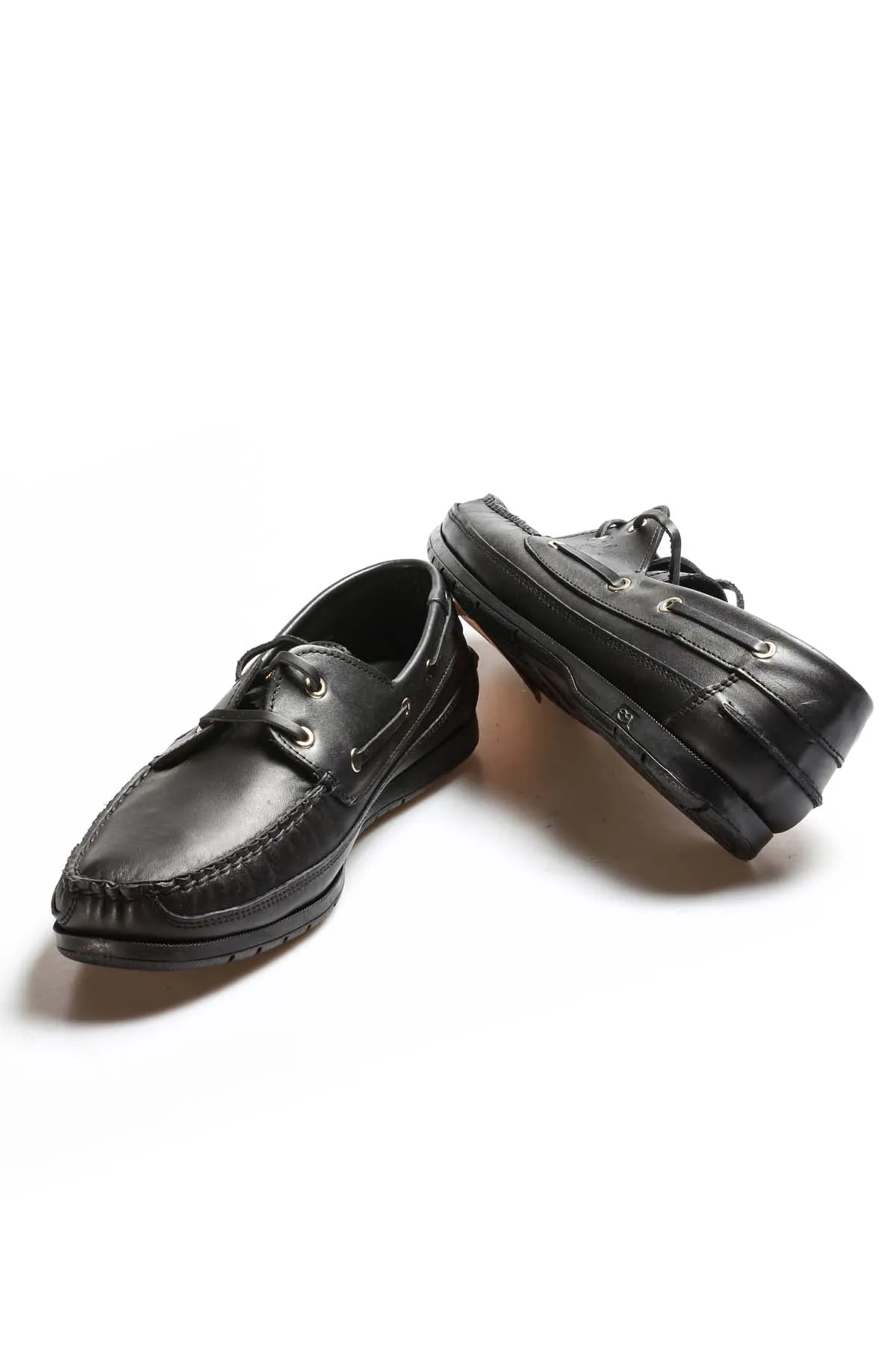 Men's Black Leather Boat Shoes with Lace-Up Detail - Wessi