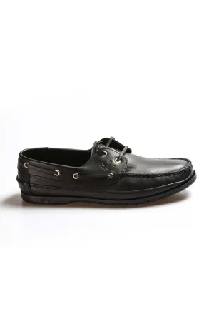 Men's Black Leather Boat Shoes with Lace-Up Detail - Wessi
