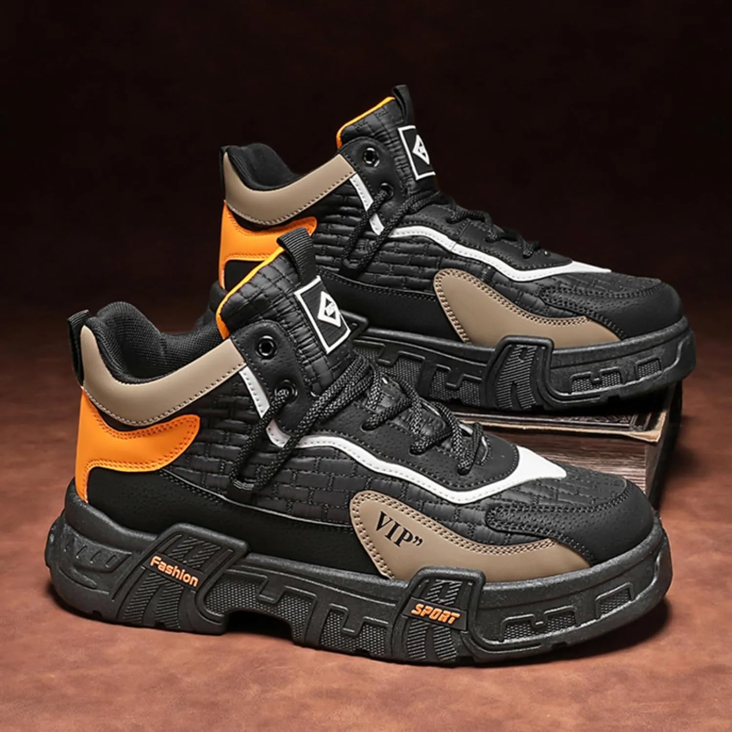 Mens Retro Leather Lace Up Platform Sneakers Casual Non-Slip Shock Absorbing Heighten Fashion Walking Workout Driving Shoes