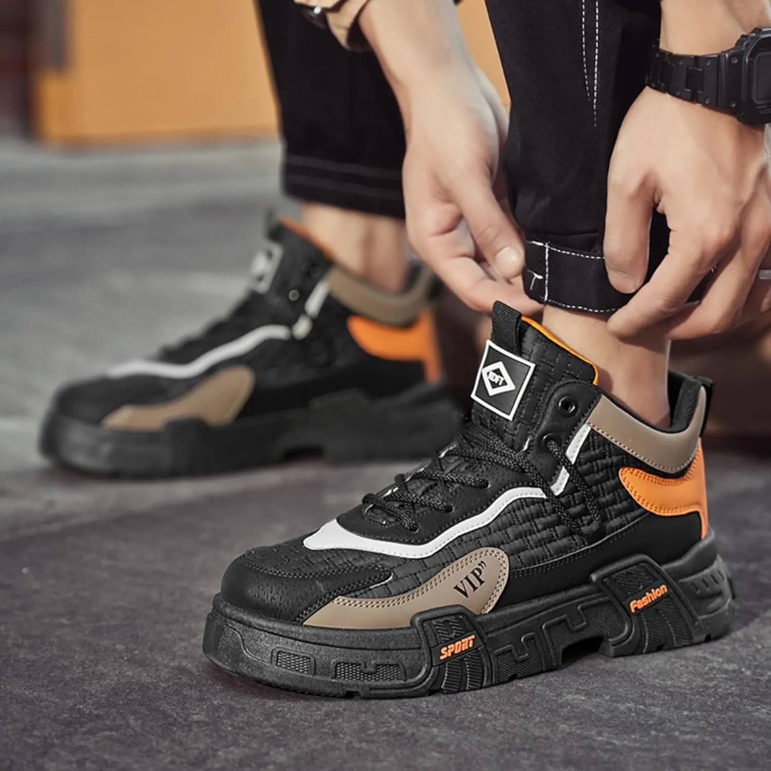 Mens Retro Leather Lace Up Platform Sneakers Casual Non-Slip Shock Absorbing Heighten Fashion Walking Workout Driving Shoes