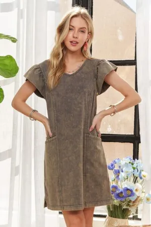 Mineral Washed V-Neck Ruffled Cap Sleeve Dress