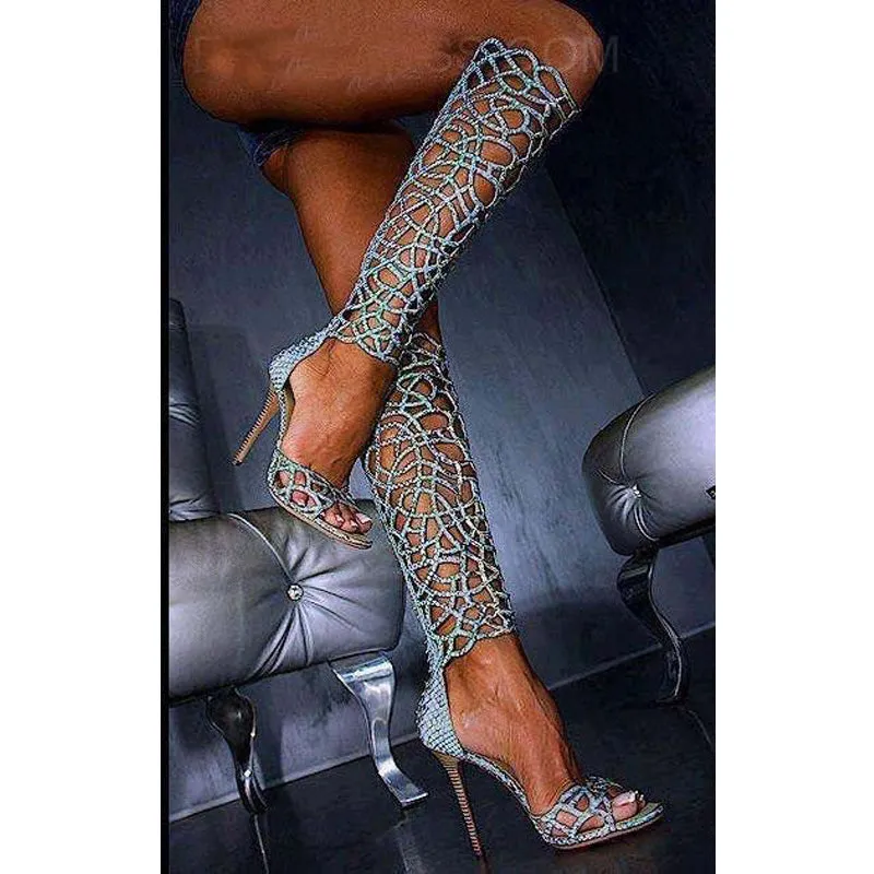 Peep Toe Cutout High Heel Knee High Sandals
