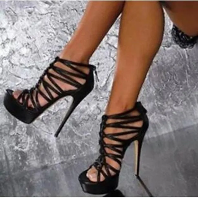 Purpdrank - Women's Heels Stilettos Platform Sandals Gladiator Sandals Roman Sandals Platform High Heel Stiletto Heel Peep Toe PU Zipper Solid Colored Black