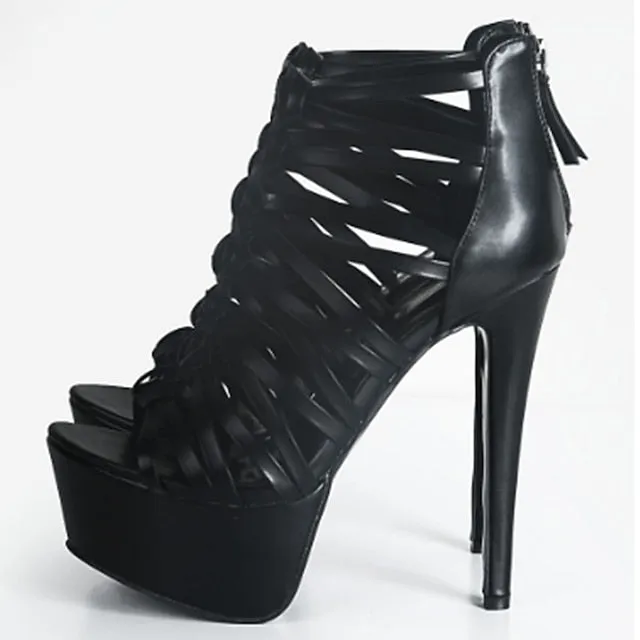 Purpdrank - Women's Heels Stilettos Platform Sandals Gladiator Sandals Roman Sandals Platform High Heel Stiletto Heel Peep Toe PU Zipper Solid Colored Black