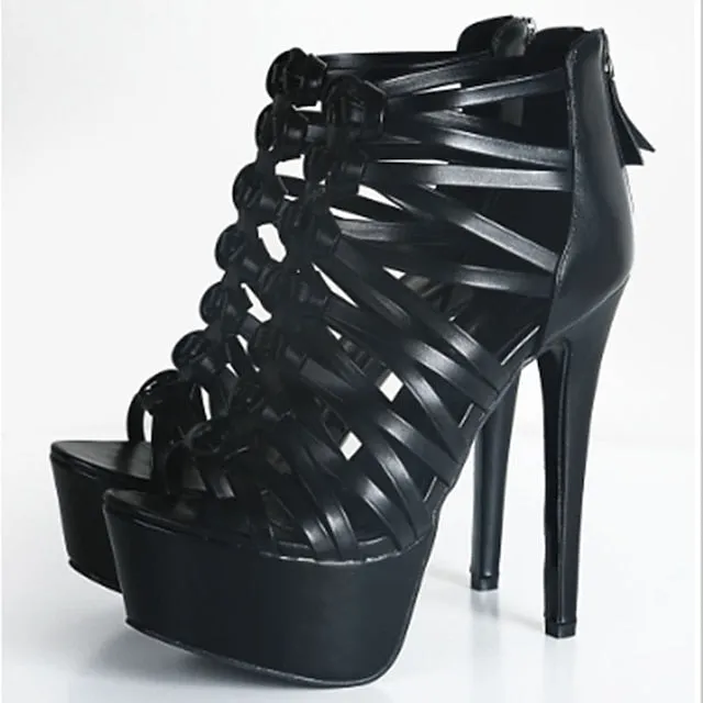 Purpdrank - Women's Heels Stilettos Platform Sandals Gladiator Sandals Roman Sandals Platform High Heel Stiletto Heel Peep Toe PU Zipper Solid Colored Black