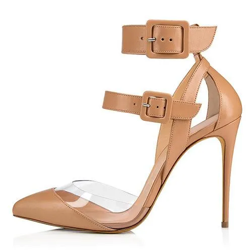 PVC Splicing Pu Buckle Design Stiletto Shoes