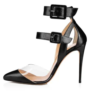 PVC Splicing Pu Buckle Design Stiletto Shoes