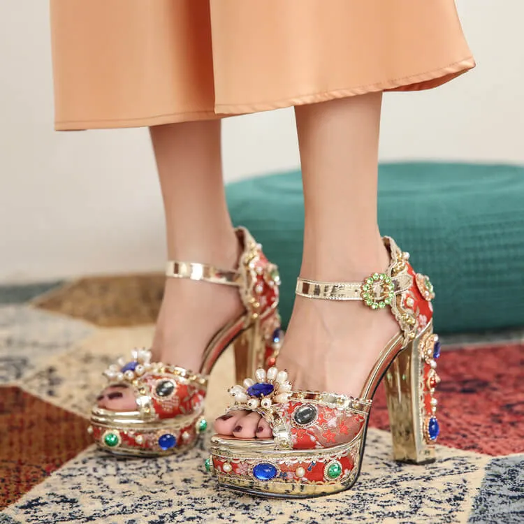Retro Peep Toe Platform Rhinestone Sandals