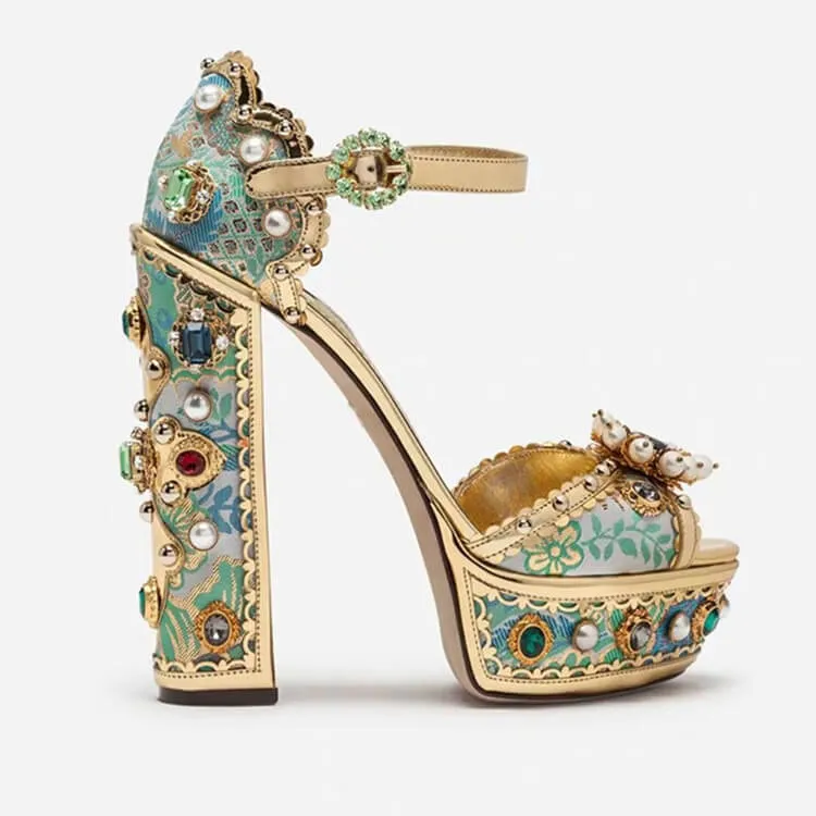 Retro Peep Toe Platform Rhinestone Sandals