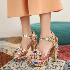 Retro Peep Toe Platform Rhinestone Sandals