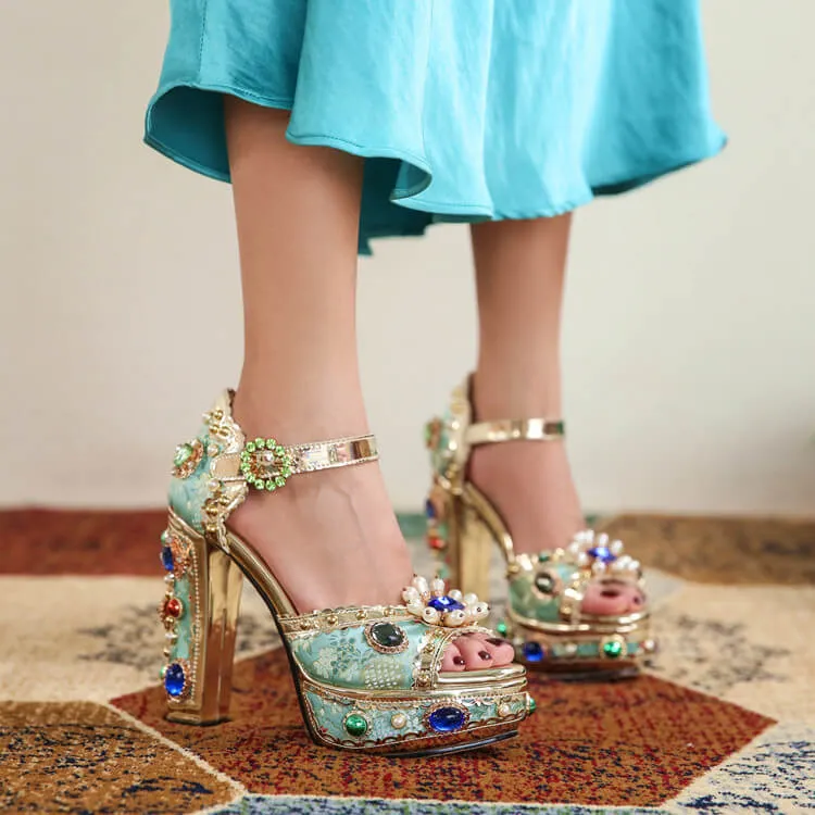 Retro Peep Toe Platform Rhinestone Sandals