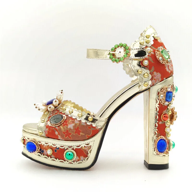 Retro Peep Toe Platform Rhinestone Sandals