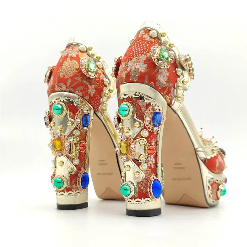Retro Peep Toe Platform Rhinestone Sandals