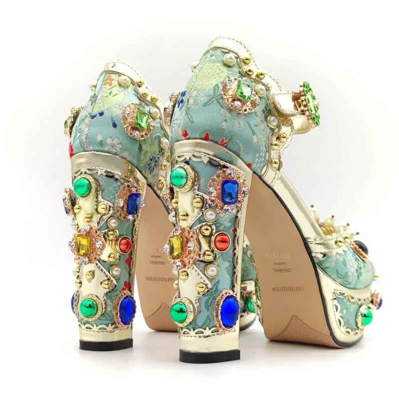 Retro Peep Toe Platform Rhinestone Sandals