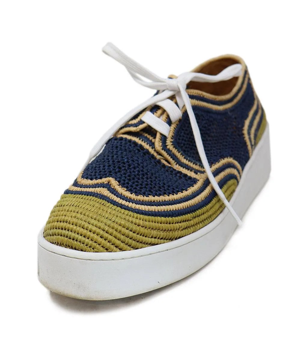 Robert Clergerie Navy & Beige Woven Raffia Sneakers sz 11