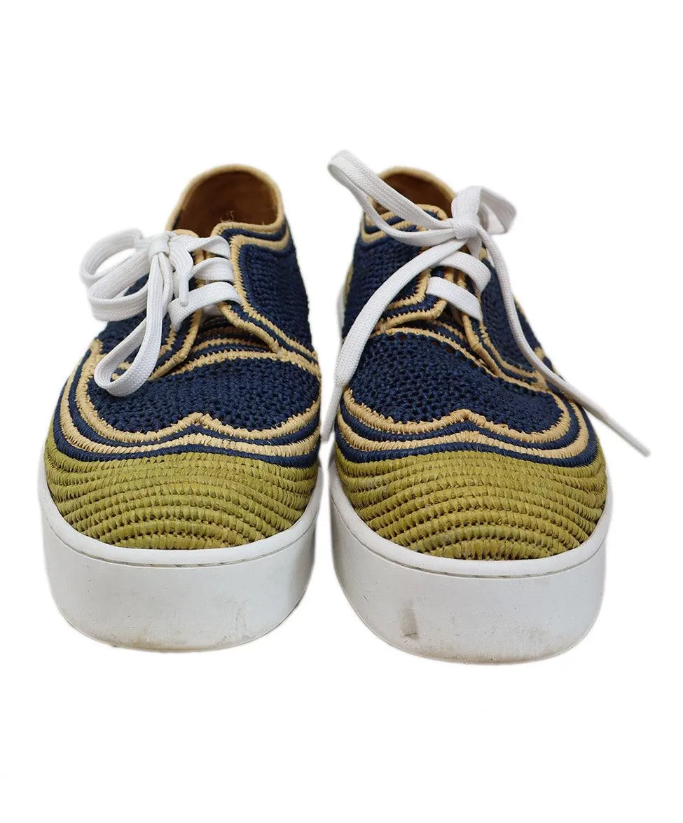 Robert Clergerie Navy & Beige Woven Raffia Sneakers sz 11
