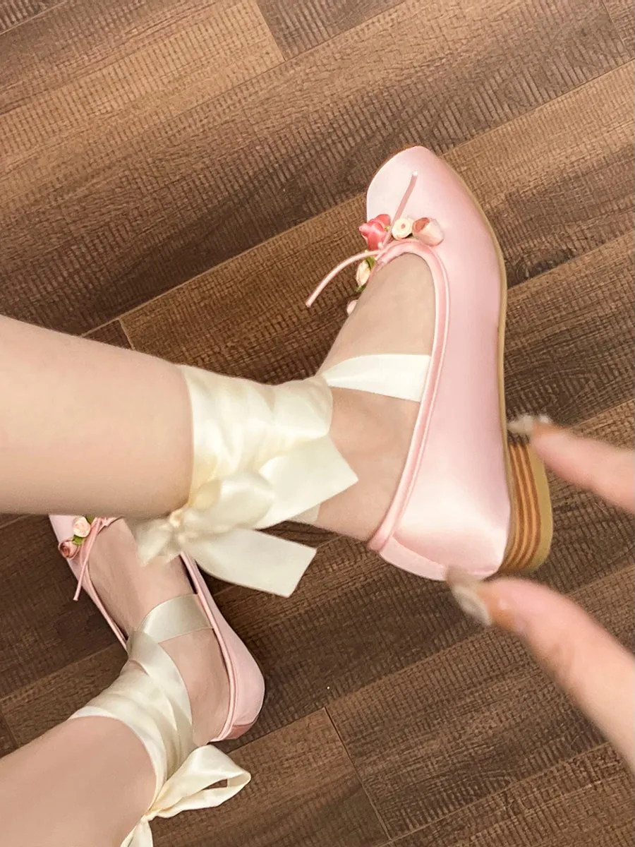 Rose Vintage Crossover Square Toe Lace-up Ballet Flats
