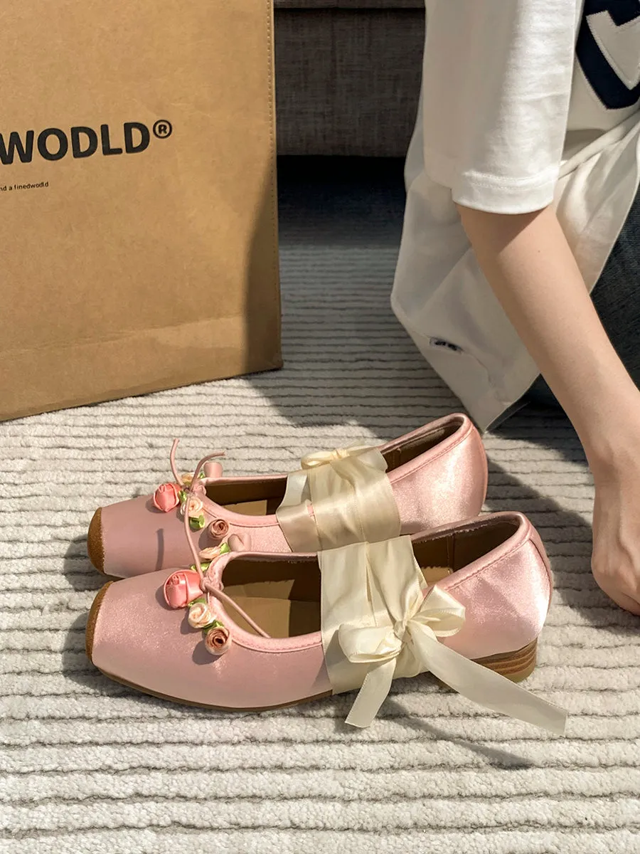 Rose Vintage Crossover Square Toe Lace-up Ballet Flats